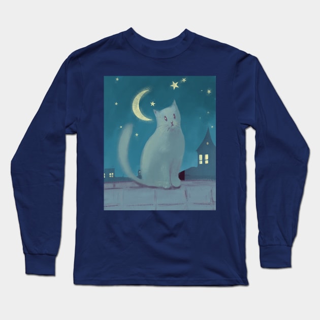 Cute cat on the roofs at night Long Sleeve T-Shirt by Mimie20